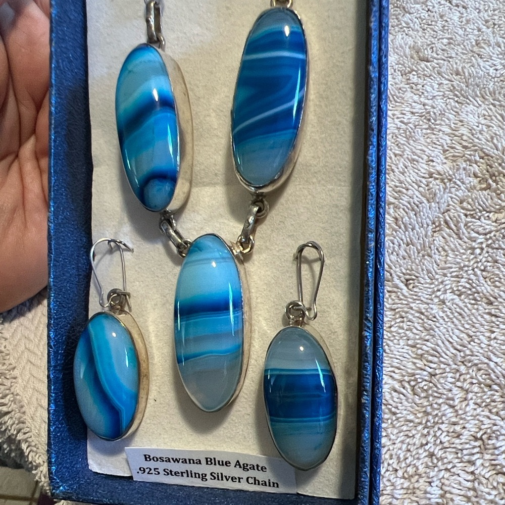 Blue agate and sterling silver necklace and earrings set